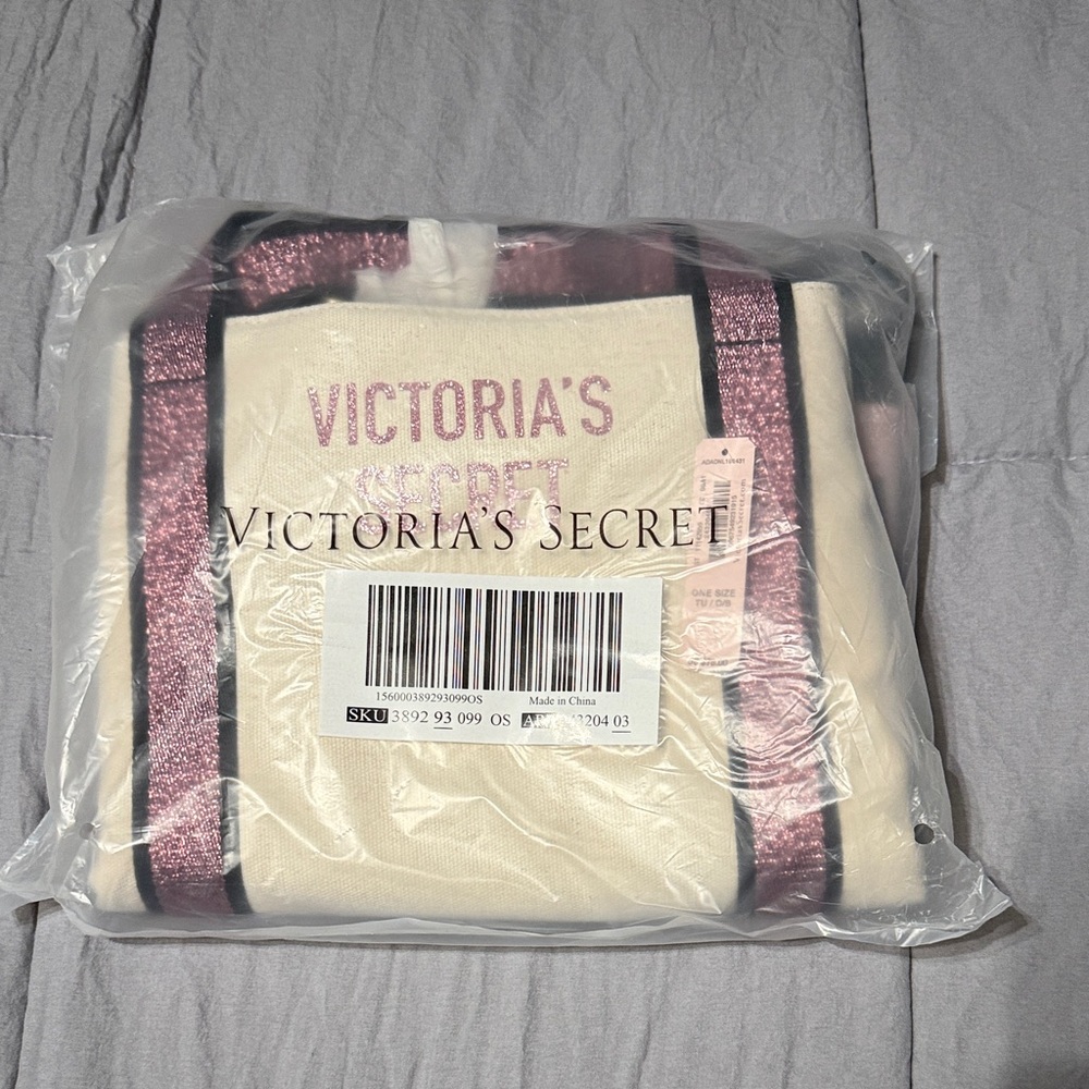 Victoria's Secret Cream and Pink Glitter Tote